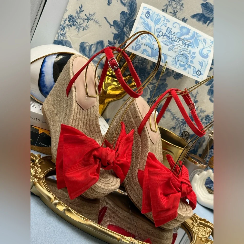 🆕 LOEFFLER RANDALL 🧿 NWOB Angelina Red Moiré Bow Wedge Espadrille, Sz 7